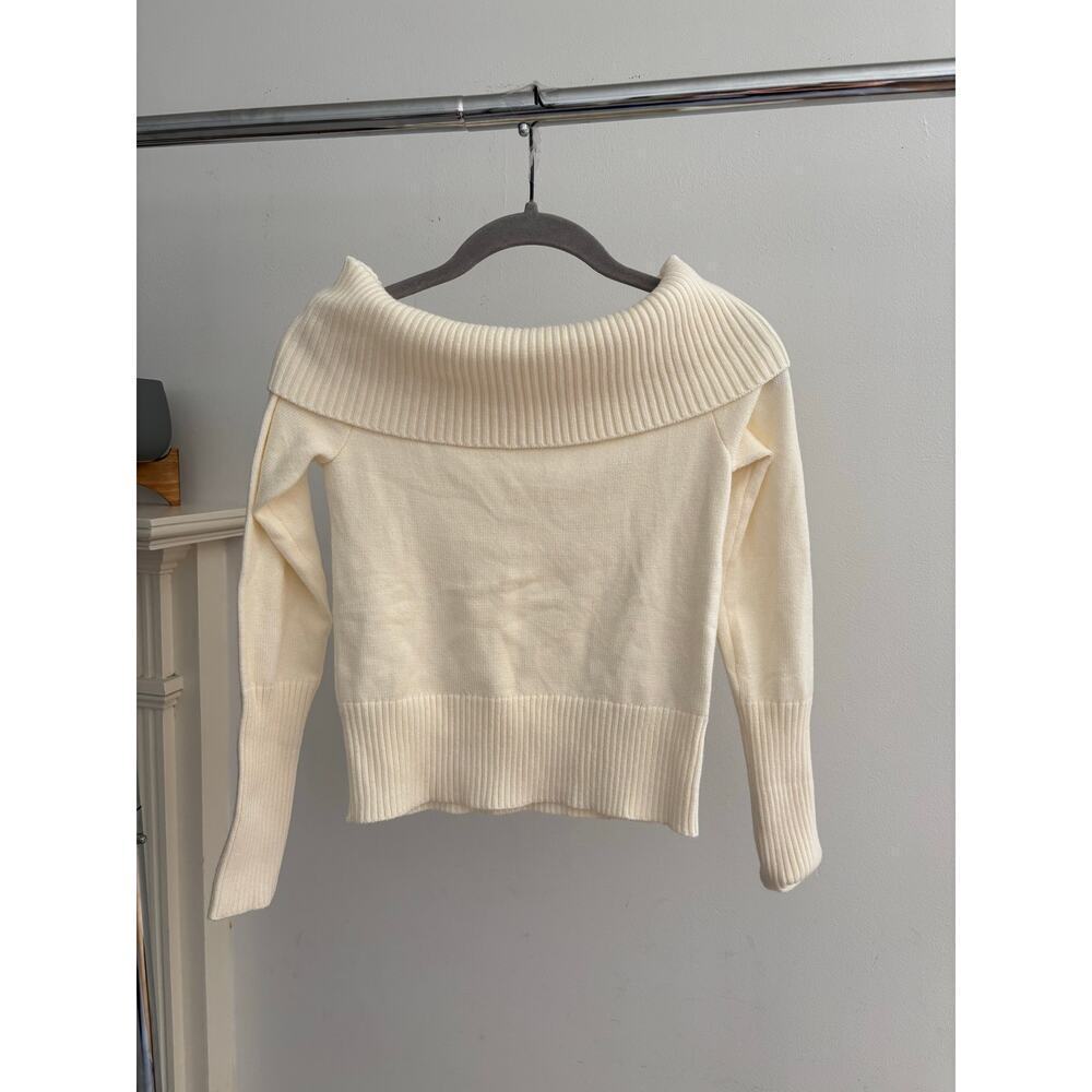 Women’s Ivory Off Shoulder Sweater Ribbed Foldover Cowl Neck Knit Pullover - Picture 3 of 10